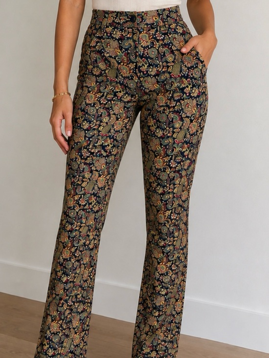 Pants - Woven Floral Print High-Rise Flare Pants - Navy/Gold